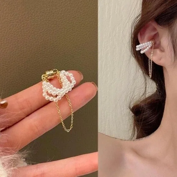 1 Elegant Pearl Ear Cuff Dangle Chain Magnetic Non Piercing Earring new - Picture 1 of 5